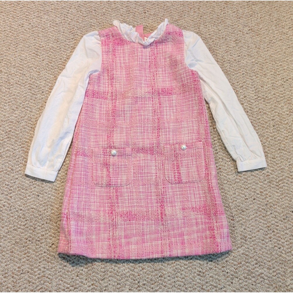 Janie and Jack The Tweed Shift Dress Girls 10 Rosy Pink Ruffled Collar Pockets